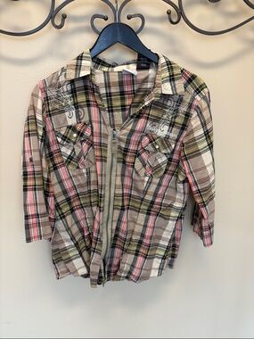 Harley-Davidson Plaid Button-Down Shirt Jacket in Pink, Tan & Green